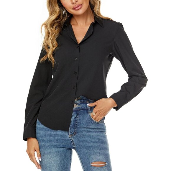 Women's Long Sleeve Button Down Shirt Polyester Spandex V-Neck Casual Work - Picture 2 of 6